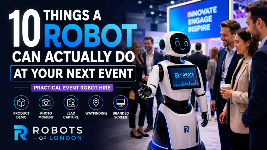 Promotional banner: a friendly event robot with the headline '10 THINGS A ROBOT CAN ACTUALLY DO AT YOUR NEXT EVENT' and Robots of London branding beside smiling attendees.
